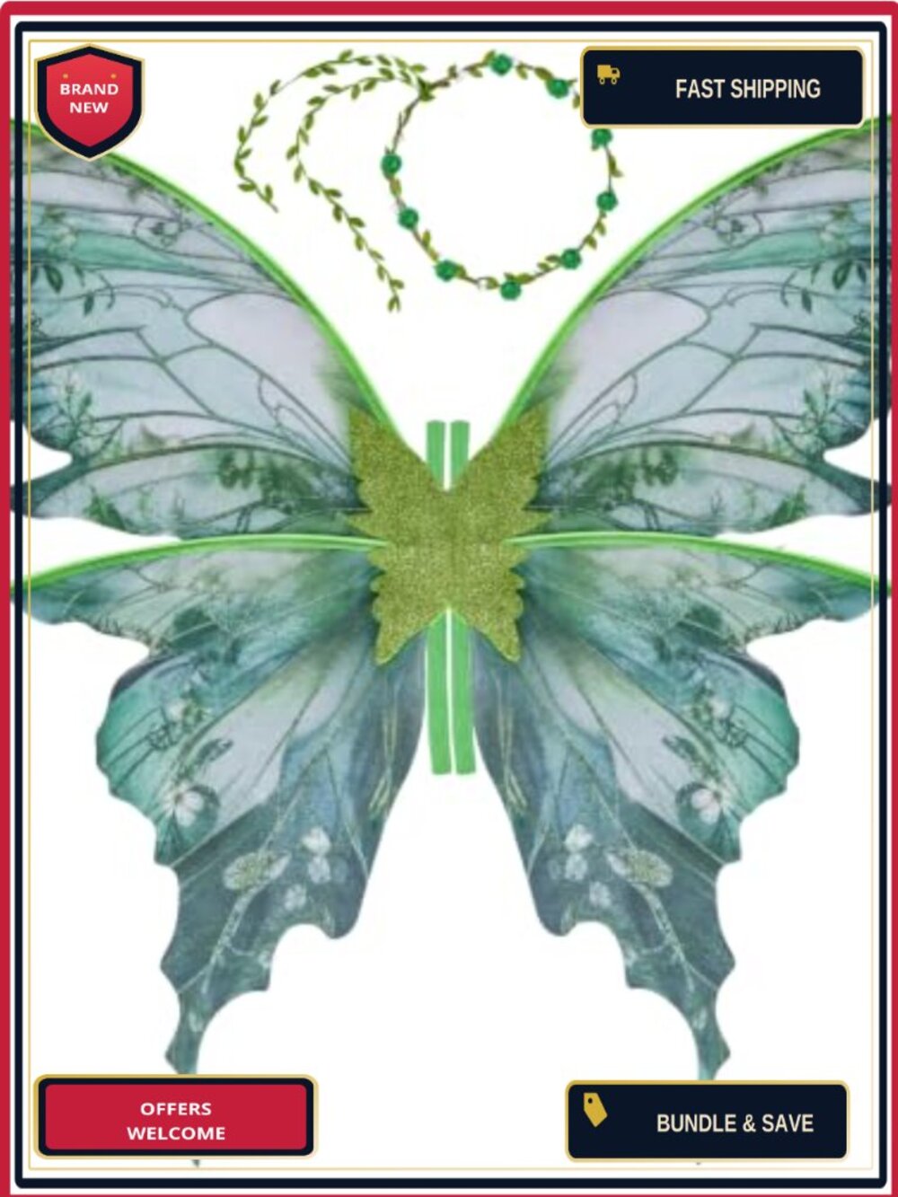 Fairy Wings Costume Set Adult Women 3 Pc with Floral Garland Wand Cosplay